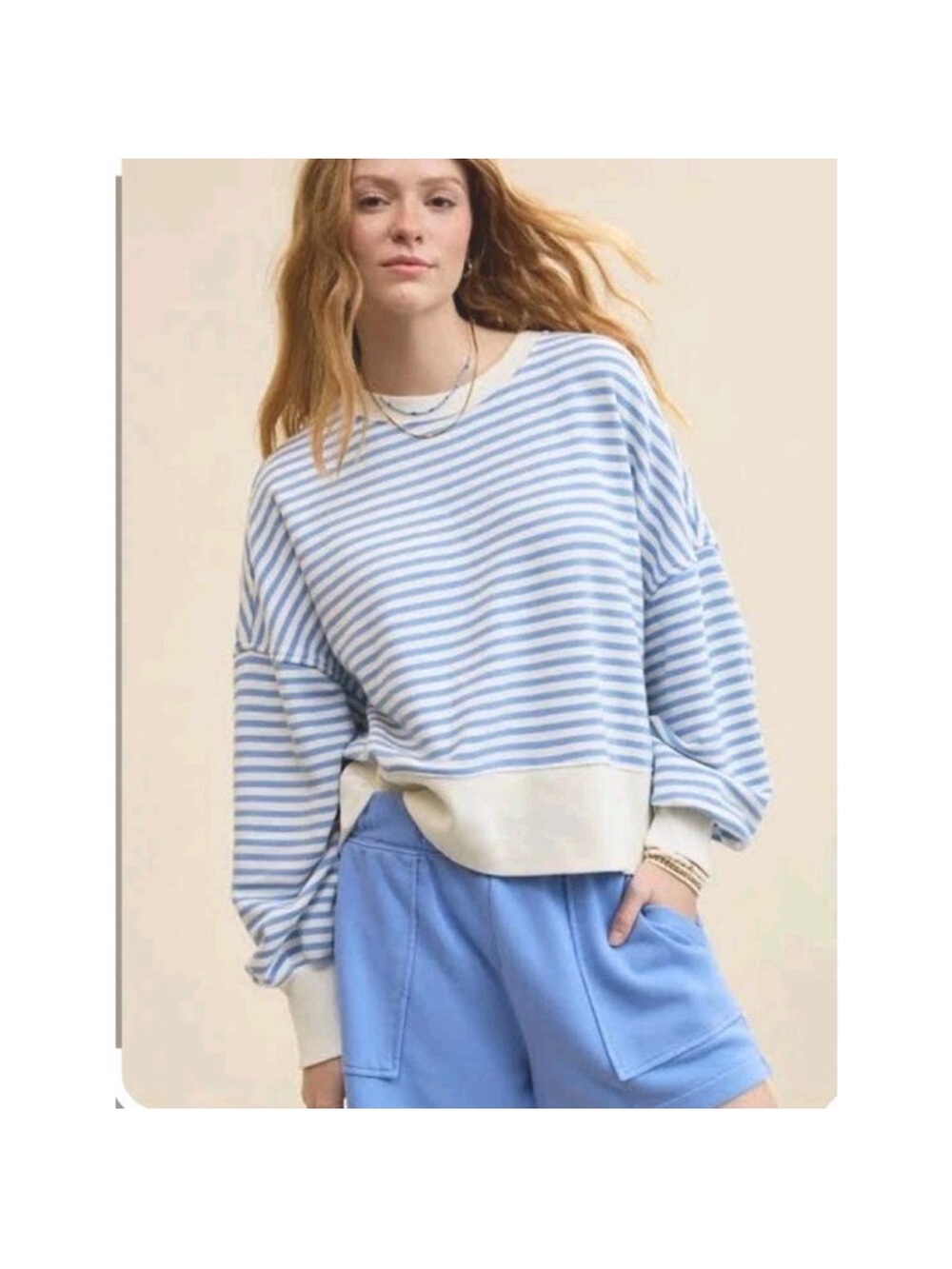 aerie Striped Light Blue and White Oversized Crewneck Sweatshirt